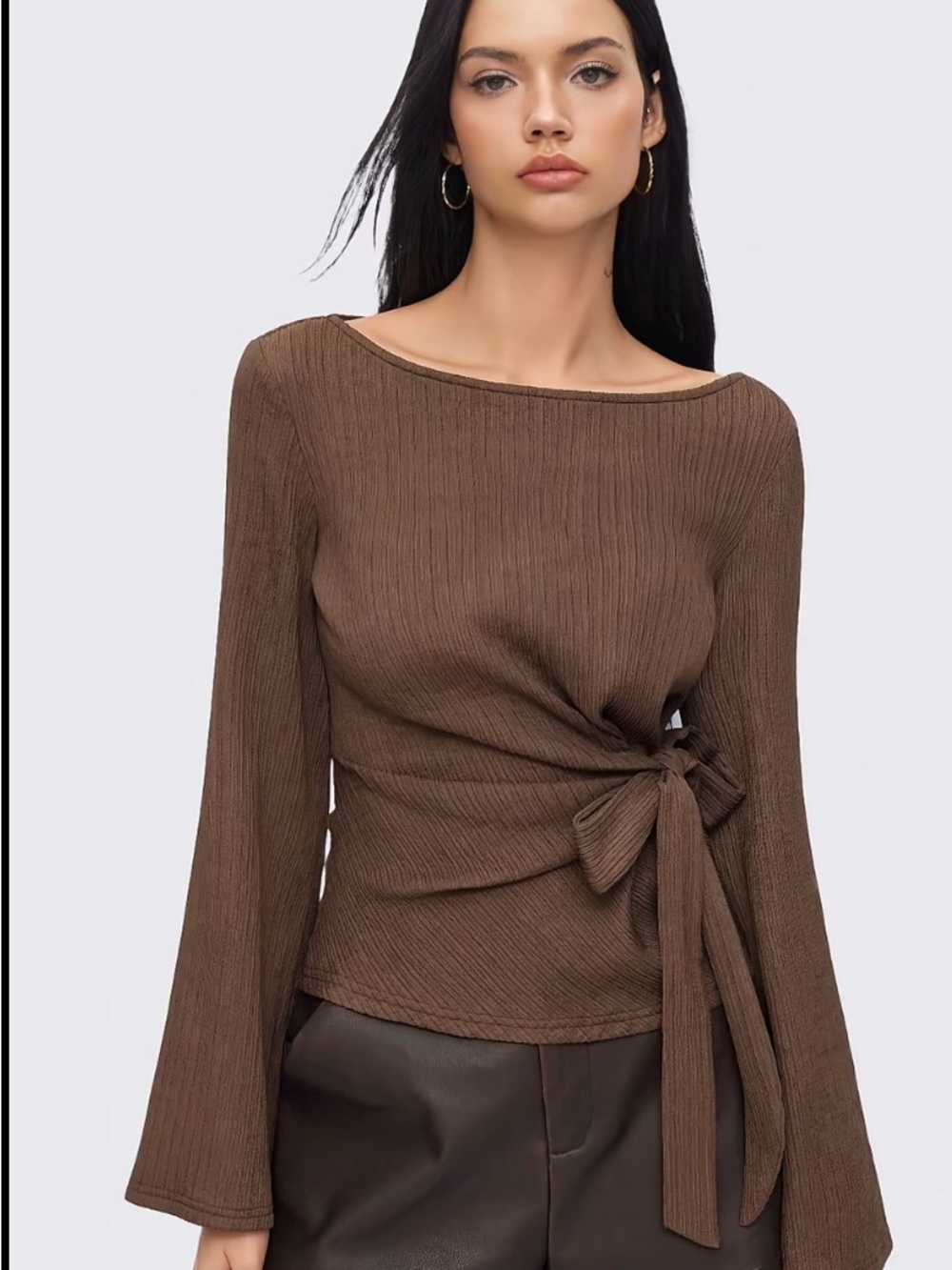 Cider New Brown  Women's Ribbed Crossover Long Sleeve Tie-Waist Top Shirt Blouse